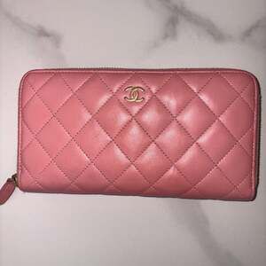 Chanel Pink Quilted Lambskin Leather Zip Around Wallet